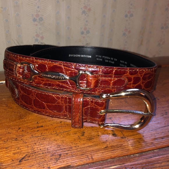 Vtg LIZ CLAIBORNE Size Medium Brown Belt CROCODILE embossed Gold Logo Academia - Picture 4 of 8